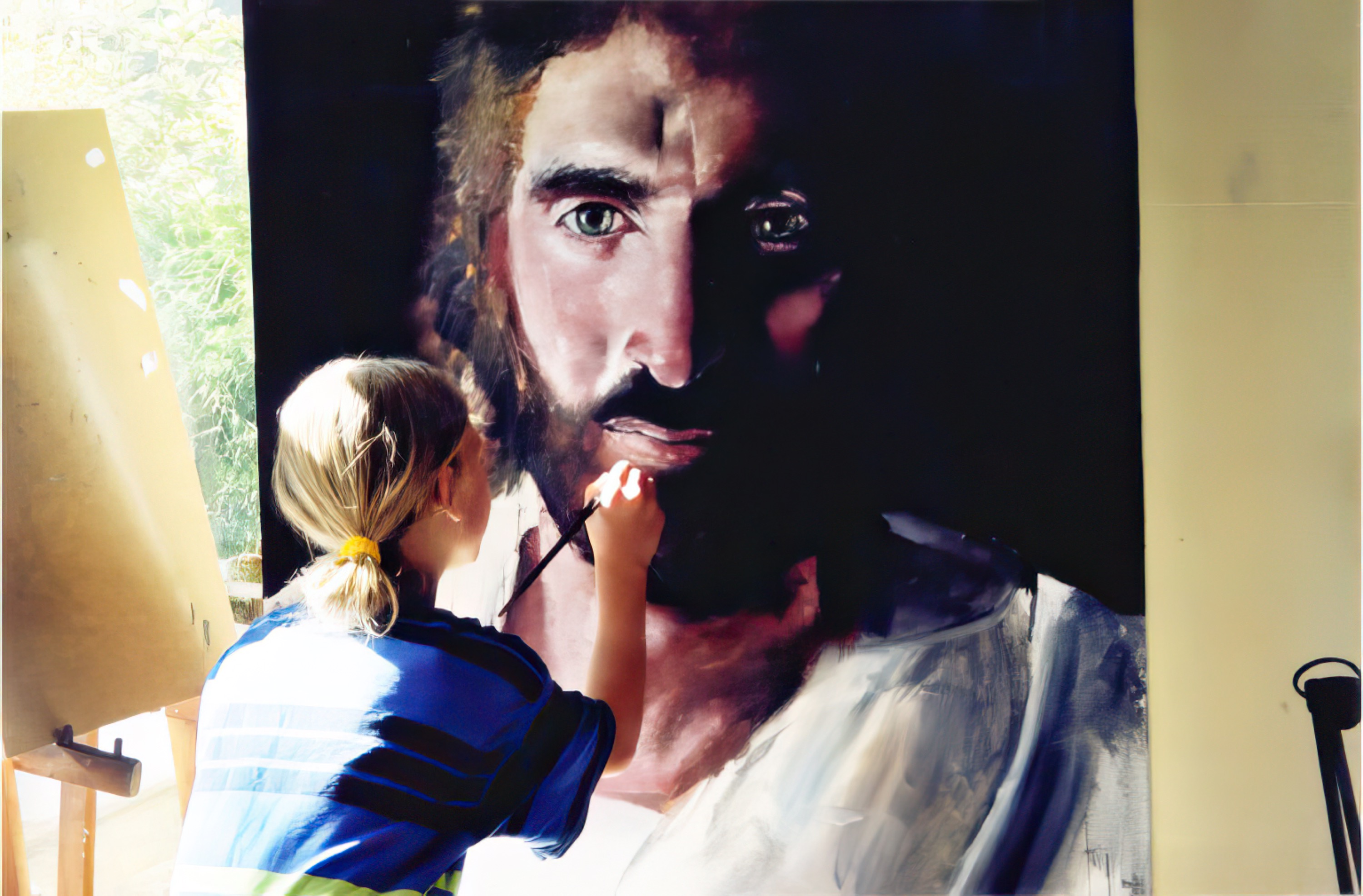 Akiane painting the lips, the robe roughed in